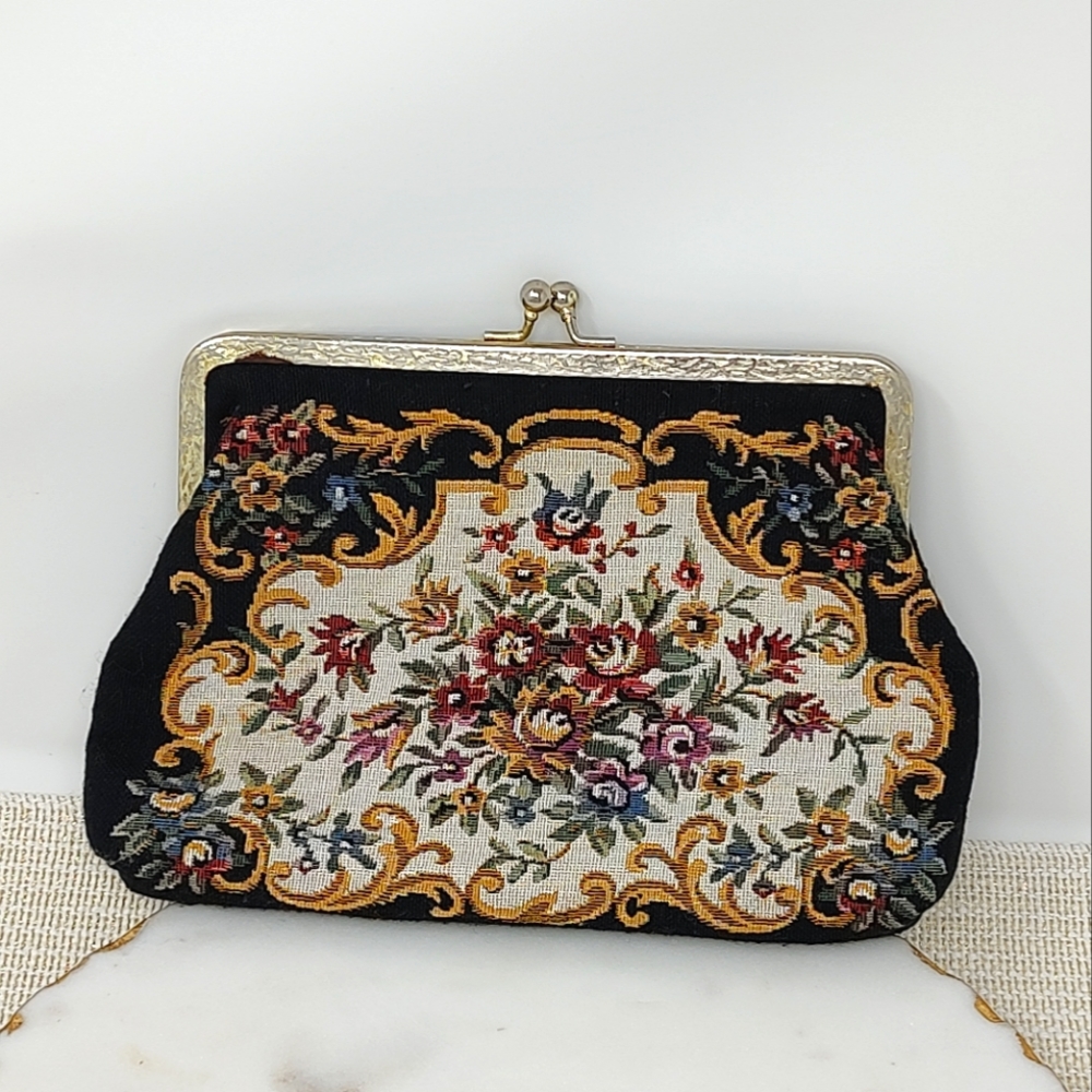 Vintage Walborg black floral embroidered clutch handbag - Picture 5 of 13